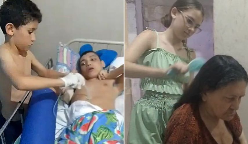 Vendo a mãe desesperada, filhos matam aula pra ajudá-la a cuidar do irmão com paralisia cerebral e da avó com demência