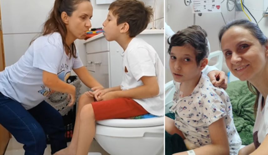 Mãe com atrofia nos braços cuida do filho autista usando a boca e pede ajuda para tratamento