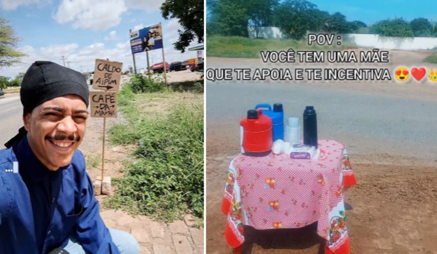 Jovem emociona ao montar barraquinha de café para sustentar a família e sonha com seu carrinho de lanche