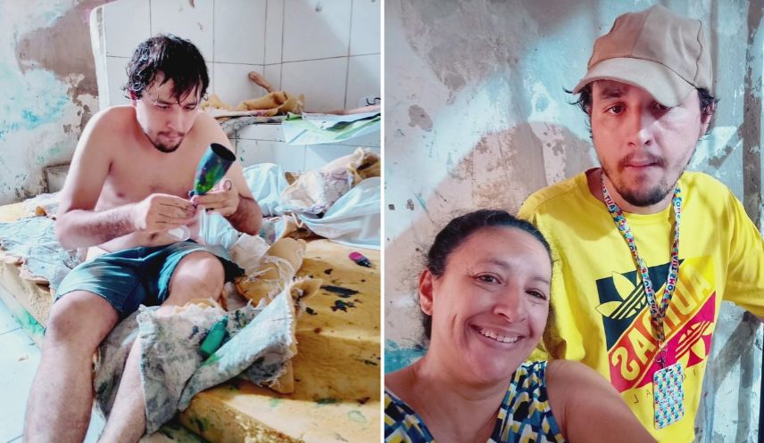 Sem nenhuma ajuda, mãe solo de autista severo de 30 anos vive com medo e dorme em rede após o filho quebrar todos os móveis