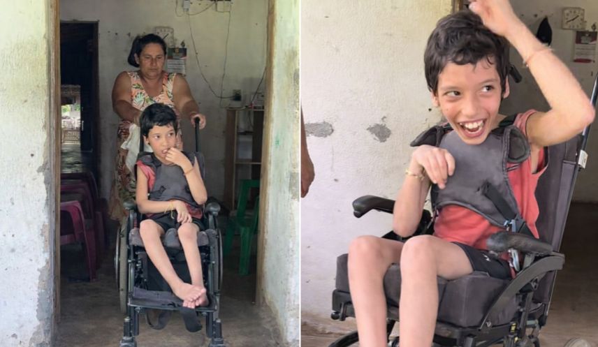 Do interior do Ceará, mãe pede ajuda para conseguir um andador para o filho com paralisia cerebral que se machuca na cadeira de rodas