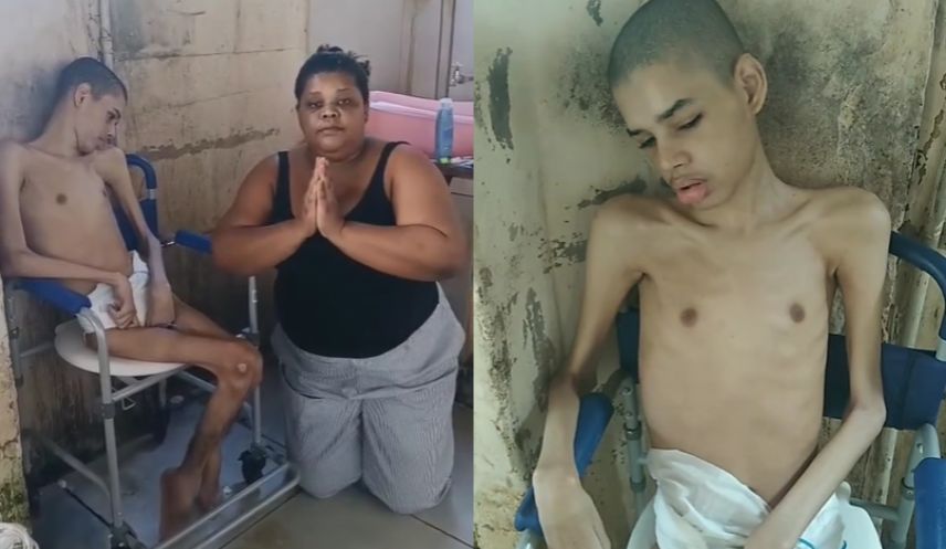 Mãe se ajoelha e implora por socorro para o filho, que está atrofiado e sofre crises convulsivas todos os dias: “Eu oro a Deus”