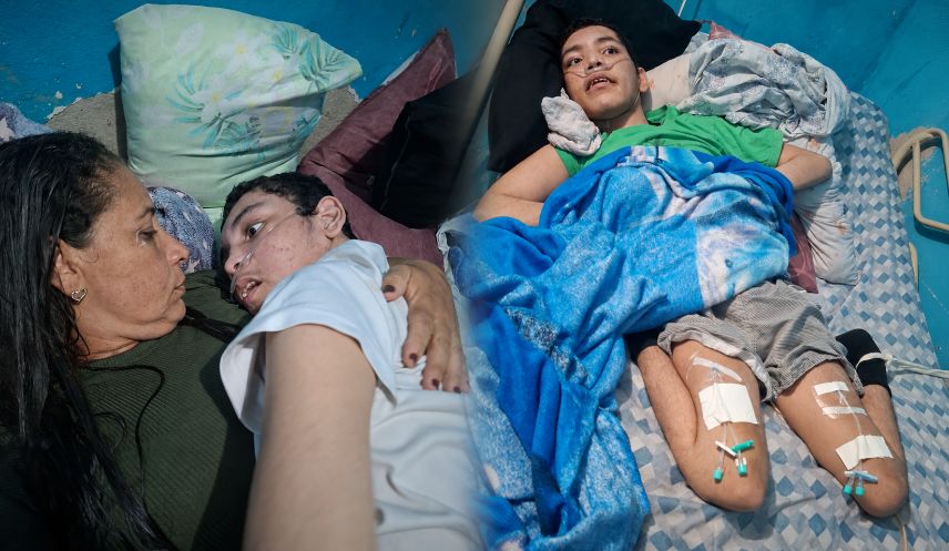 Cauã tem 23 anos, vive acamado e se alimenta por sonda. Joana cuida dele, da mãe de 88 anos e ainda tenta proteger os dois filhos mais novos