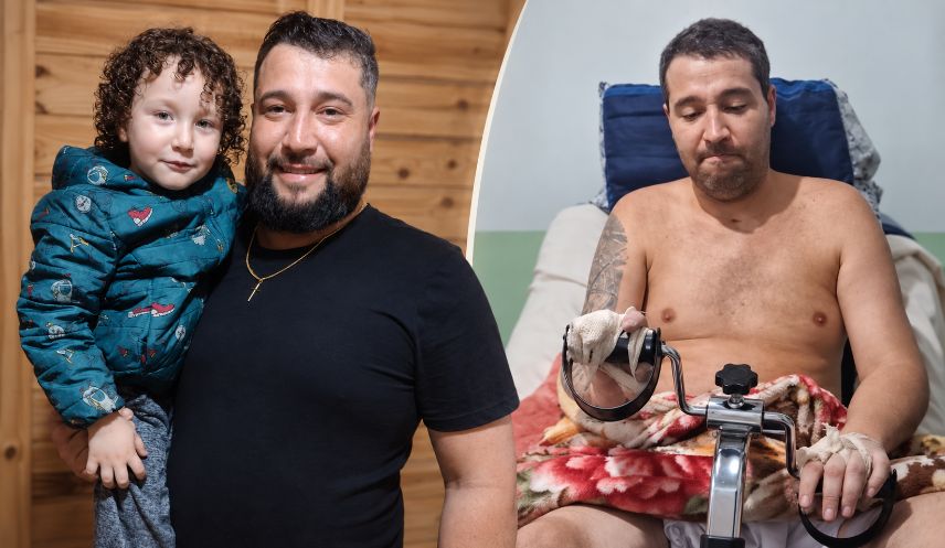 Aos 32 anos, Keven depende de alguém 24 horas por dia até para beber água. A esposa dá banho nele na garagem porque o banheiro é pequeno demais